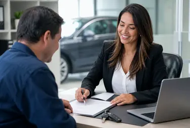 Agente de despachante conduzindo processo de licenciamento de veículo.