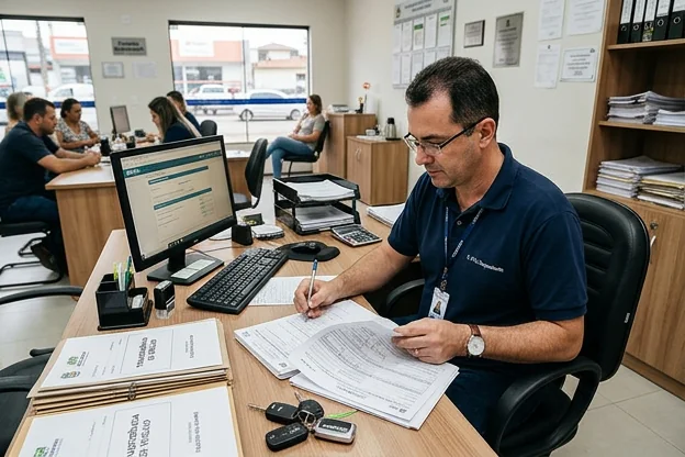 Despachante organizando documentos para transferência de veículo.