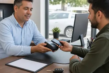Profissional ajudando cliente no pagamento de débitos de veículo.