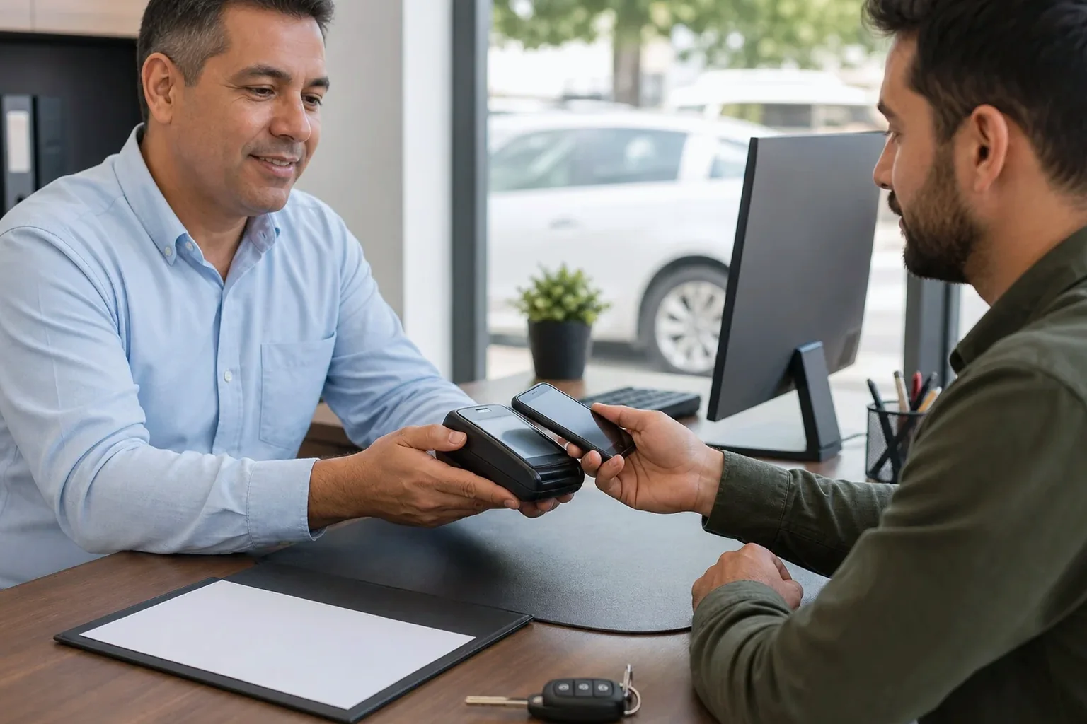 Profissional ajudando cliente no pagamento de débitos de veículo.