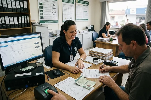 Profissional de despachante assistindo cliente na renovação da CNH.