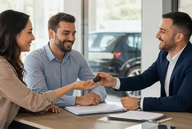 Profissional organizando documentos para a transferência de um veículo.